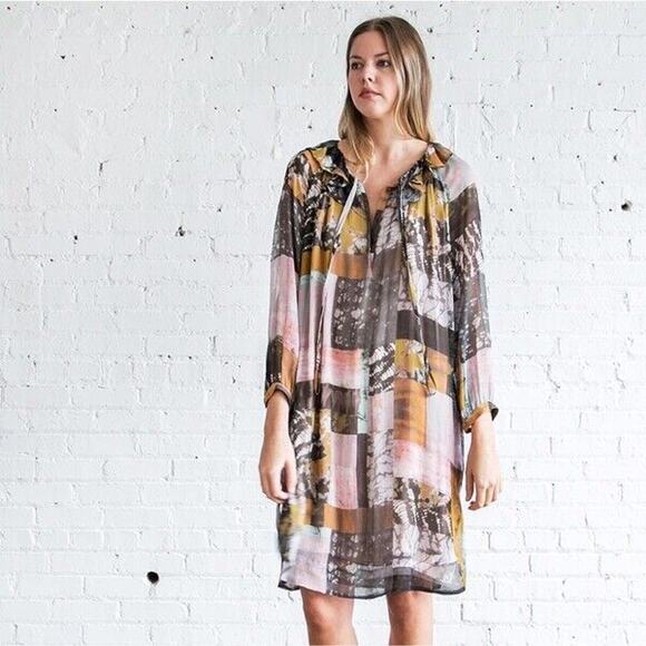 Raquel Allegra Ruffle Neck Swing Dress Silk Ginger Patchwork Pockets Size 0 / XS - Picture 1 of 12